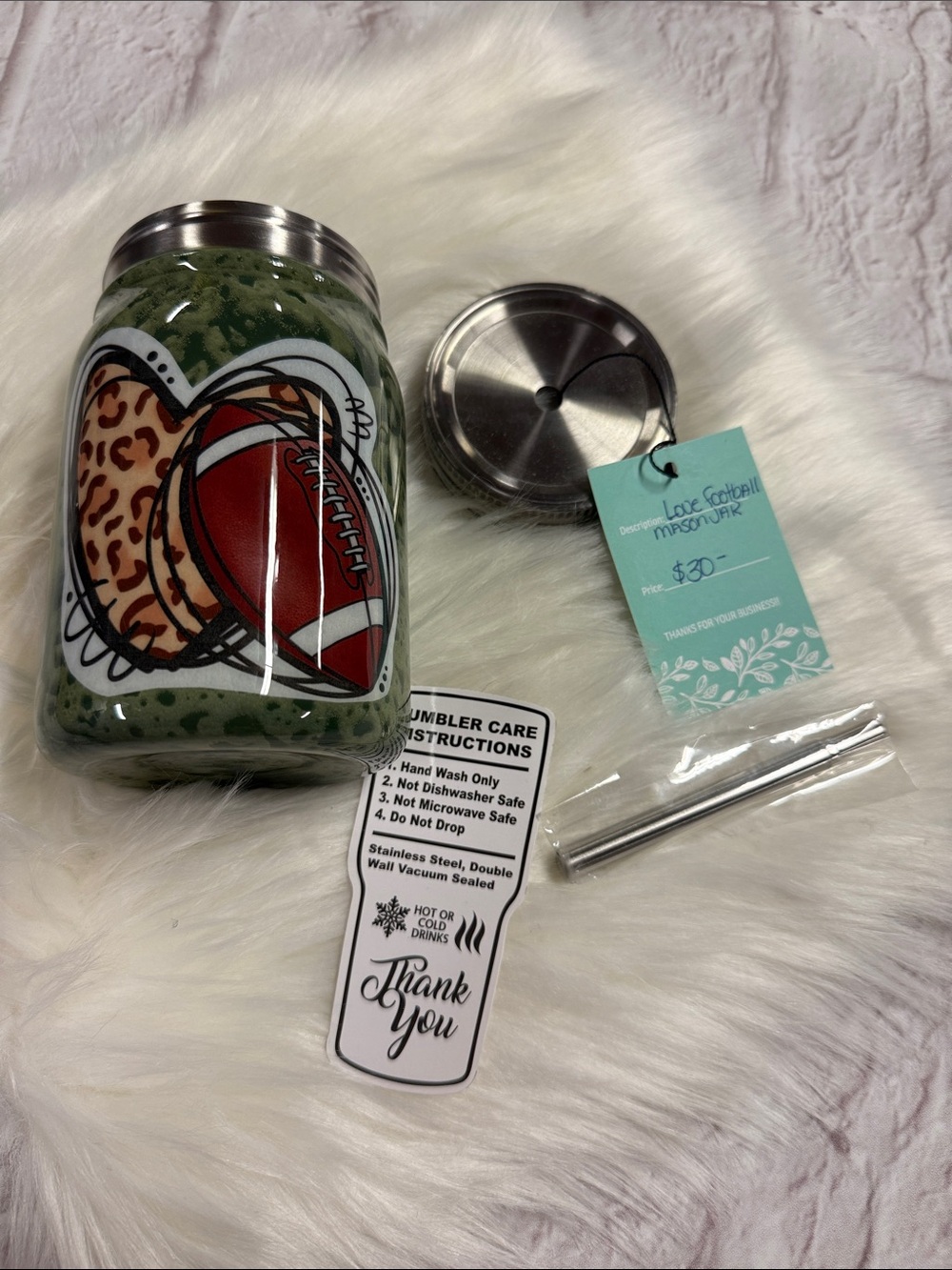 Proxy Metal Mason Jar Green Football with leopard heart Tumbler with lid & Straw